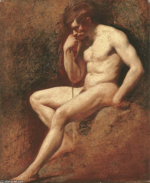 Wikioo.org - The Encyclopedia of Fine Arts - Painting, Artwork by William Etty - Male Nude, Seated, Leaning On A Staff