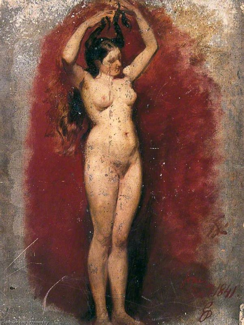 Wikioo.org - The Encyclopedia of Fine Arts - Painting, Artwork by William Etty - Standing Female Nude Plaiting Her Hair
