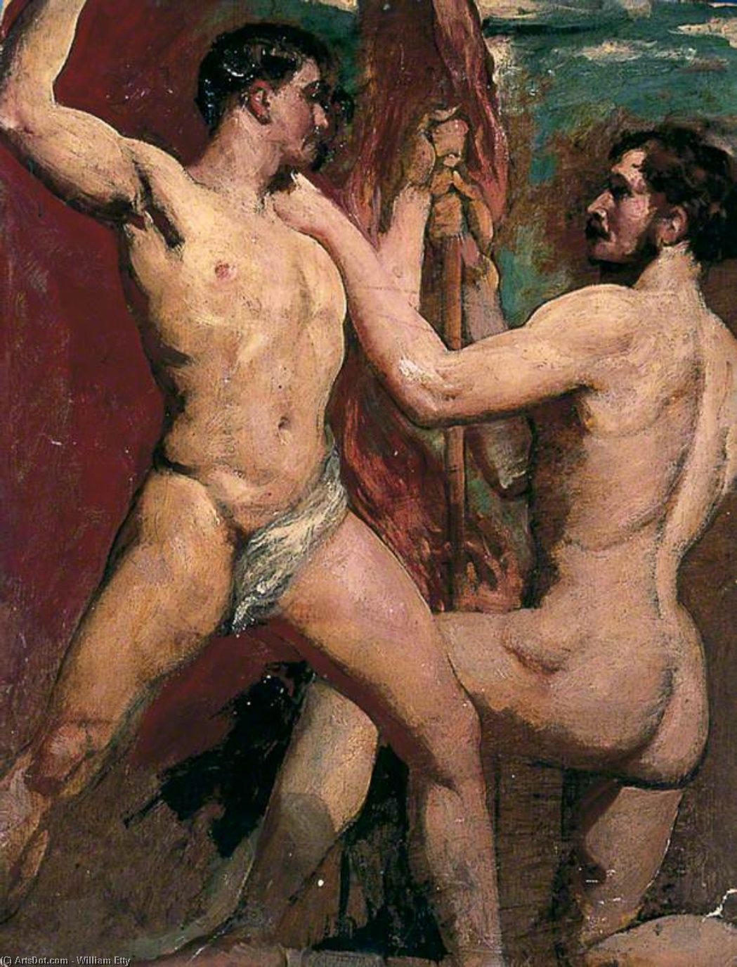 Wikioo.org - The Encyclopedia of Fine Arts - Painting, Artwork by William Etty - Two Male Nudes, One Kneeling With Staff