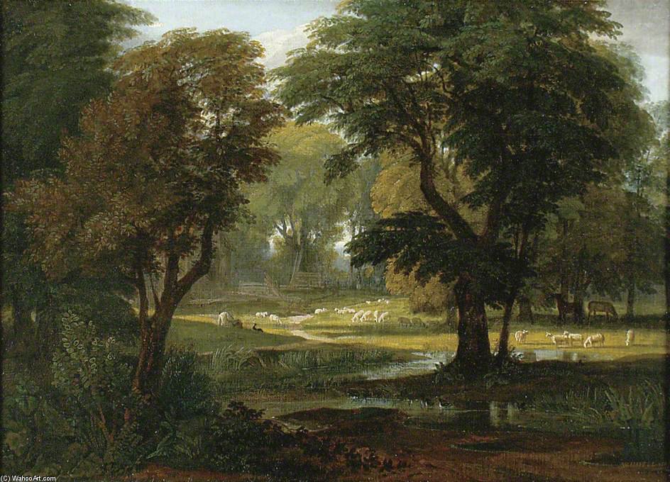 Wikioo.org - The Encyclopedia of Fine Arts - Painting, Artwork by William Havell - Sheep And Horses Grazing Under Trees