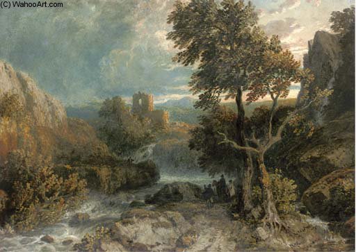 Wikioo.org - The Encyclopedia of Fine Arts - Painting, Artwork by William Havell - Travellers Beside A River Before Castle Ruins At Dusk