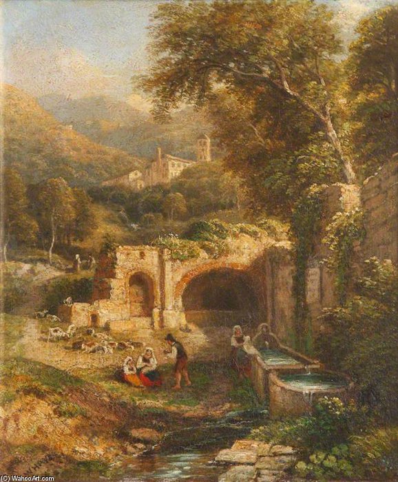 Wikioo.org - The Encyclopedia of Fine Arts - Painting, Artwork by William Havell - Washerwomen At A Tank, With A Distant View Of Tivoli