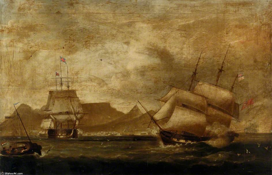 Wikioo.org - The Encyclopedia of Fine Arts - Painting, Artwork by William John Huggins - A Man-of-war And An East Indiaman In Table Bay