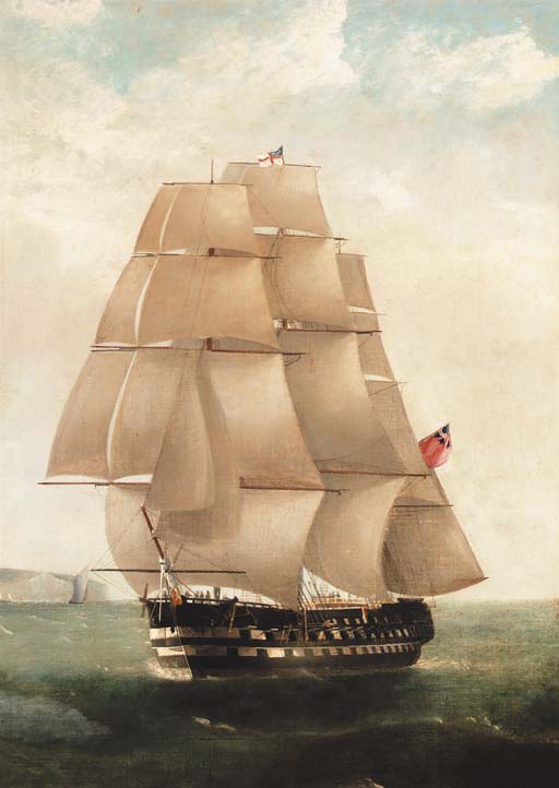 WikiOO.org - Encyclopedia of Fine Arts - Maľba, Artwork William John Huggins - A Two-decker Under Full Sail Off The South Coast