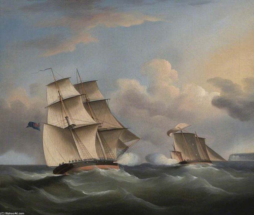Wikioo.org - The Encyclopedia of Fine Arts - Painting, Artwork by William John Huggins - Action Between A Brig And A Smuggler's Lugger