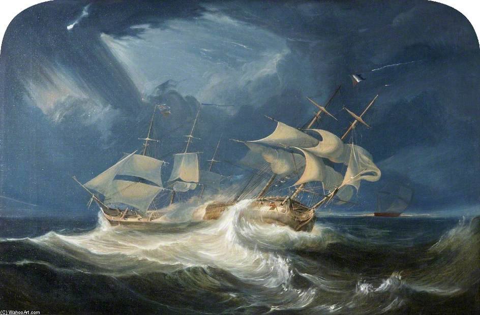Wikioo.org - The Encyclopedia of Fine Arts - Painting, Artwork by William John Huggins - Hms 'indefatigable' Accompanied By Hm 'amazon' Attacking The French Ship 'les Droits Des Hommes'
