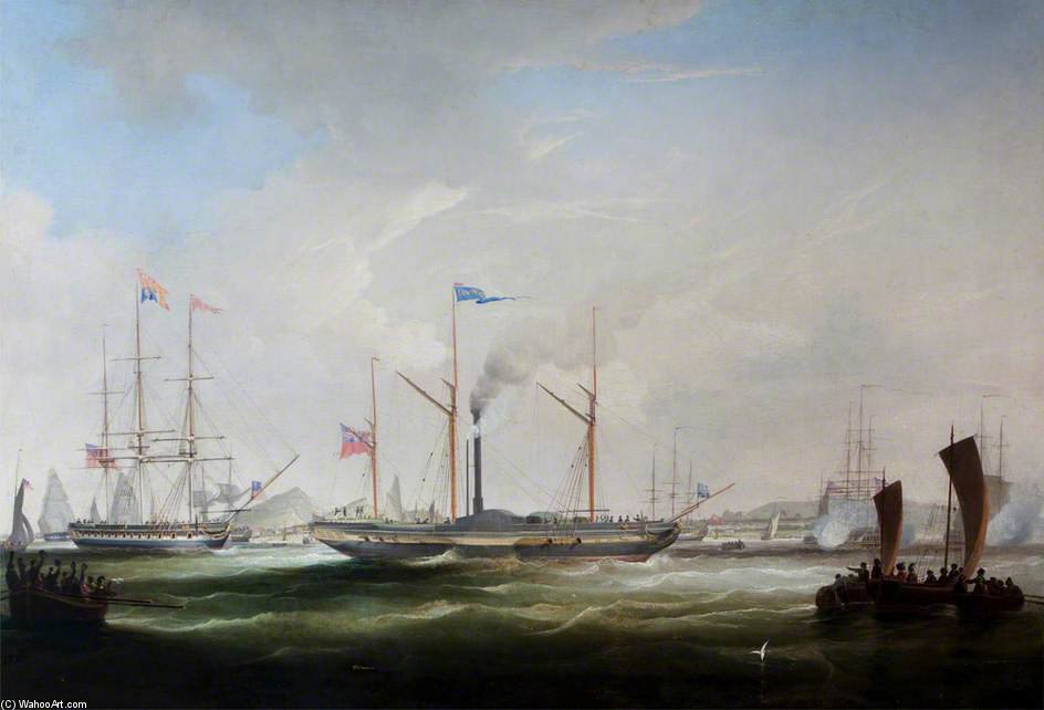 Wikioo.org - The Encyclopedia of Fine Arts - Painting, Artwork by William John Huggins - Ss 'james Wyatt' Towing The Royal Yacht, 'royal George' On The Visit Of George Iv To Edinburgh
