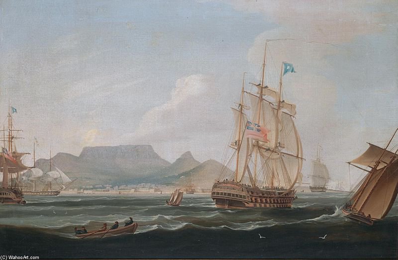 Wikioo.org - The Encyclopedia of Fine Arts - Painting, Artwork by William John Huggins - The East Indiamen ‚Lowther Castle‘, off Table Bay, Cape Town