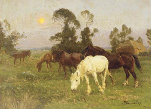 Wikioo.org - The Encyclopedia of Fine Arts - Painting, Artwork by William Linton - Horses In A Pasture At Dawn