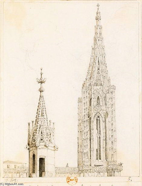 Wikioo.org - The Encyclopedia of Fine Arts - Painting, Artwork by Adrien Dauzats - Tower And Spire Of The Cathedral Of Strasbourg