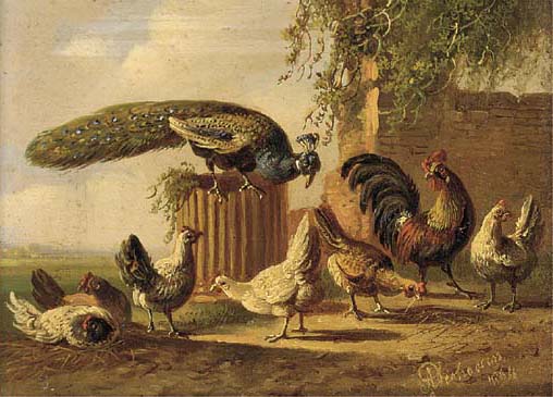 Wikioo.org - The Encyclopedia of Fine Arts - Painting, Artwork by Albertus Verhoesen - A Peacock And Poultry In A Farmyard; And Another Similar