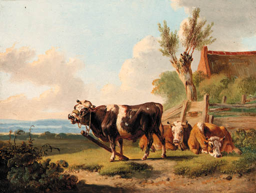 Wikioo.org - The Encyclopedia of Fine Arts - Painting, Artwork by Albertus Verhoesen - Cattle By A Fence; And Cattle Resting