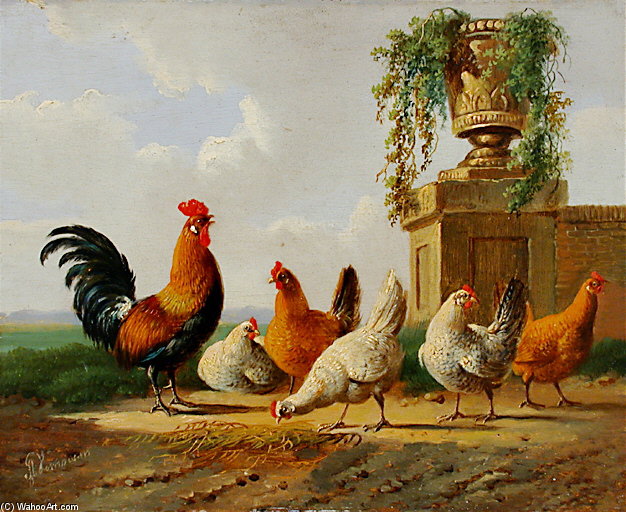 Wikioo.org - The Encyclopedia of Fine Arts - Painting, Artwork by Albertus Verhoesen - Chickens And Park Vase