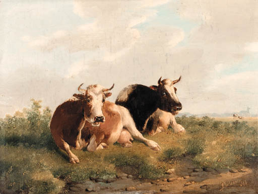 Wikioo.org - The Encyclopedia of Fine Arts - Painting, Artwork by Albertus Verhoesen - Grazing Cattle; And Cattle By A Fence