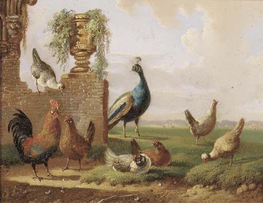 WikiOO.org – 美術百科全書 - 繪畫，作品 Albertus Verhoesen - 家禽和孔雀由一片废墟