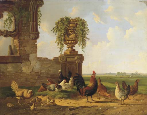 Wikioo.org - The Encyclopedia of Fine Arts - Painting, Artwork by Albertus Verhoesen - Poultry By A Ruin, An Extensive Landscape Beyond