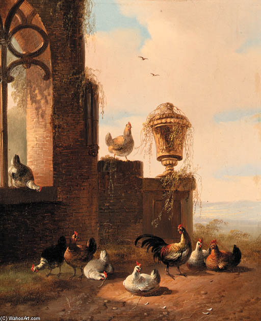 Wikioo.org - The Encyclopedia of Fine Arts - Painting, Artwork by Albertus Verhoesen - Rooster And Chickens Near A Ruin