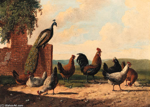 WikiOO.org - Encyclopedia of Fine Arts - Maalaus, taideteos Albertus Verhoesen - Rooster And Hen With Chicks; And Peacock, Rooster And Chickens By A Ruin