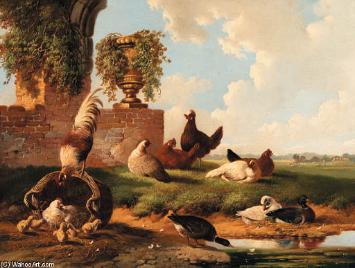 Wikioo.org - The Encyclopedia of Fine Arts - Painting, Artwork by Albertus Verhoesen - Rooster, Ducks, Chickens And Chicks By A Ruin Along A Stream