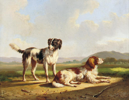 Wikioo.org – L'Enciclopedia delle Belle Arti - Pittura, Opere di Albertus Verhoesen - due caccia cani  contro  Un  Estate  paesaggio