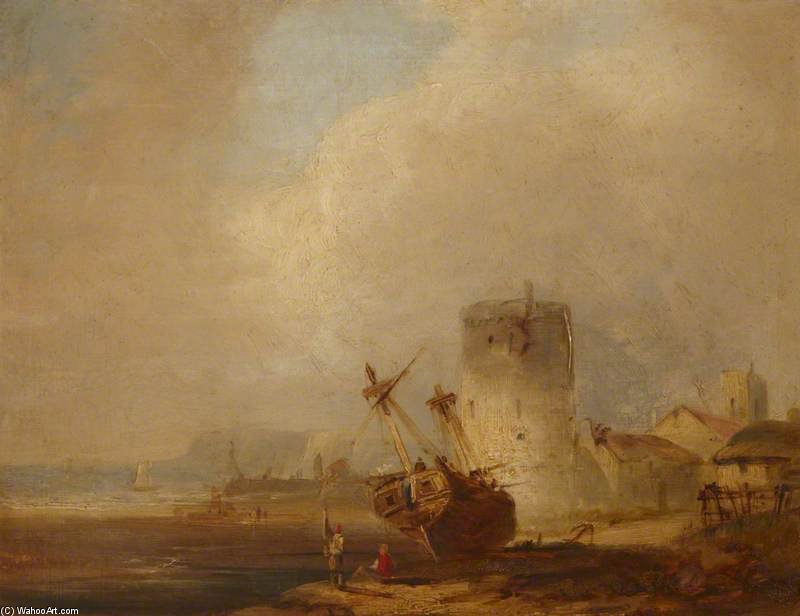 Wikioo.org - The Encyclopedia of Fine Arts - Painting, Artwork by Alfred George Stannard - Coast Scene With A Boat Beached By A Martello Tower