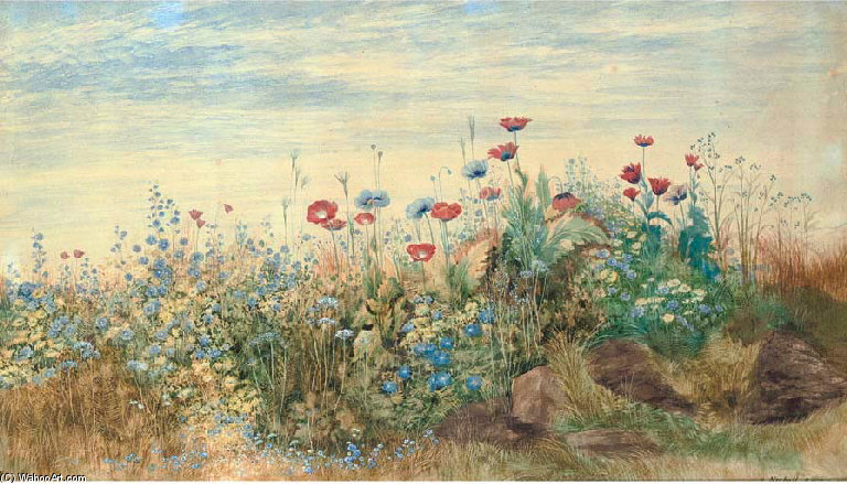 WikiOO.org - Enciklopedija dailės - Tapyba, meno kuriniai Andrew Nicholl - A Flowerbank With Poppies, Harebells And Marigolds
