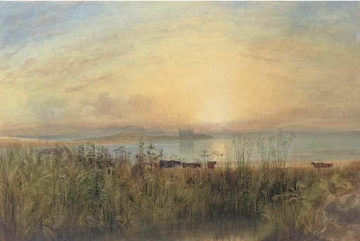WikiOO.org – 美術百科全書 - 繪畫，作品 Andrew Nicholl - 一个 湖 景观与牛吃草  和 城堡 超越