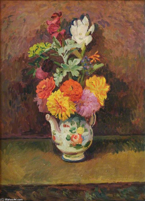 Wikioo.org - The Encyclopedia of Fine Arts - Painting, Artwork by Duncan Grant - Flowers In A Teapot