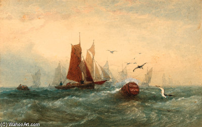 WikiOO.org - Encyclopedia of Fine Arts - Festés, Grafika Edward Duncan - Barges Racing Towards The Grain Spit Buoy