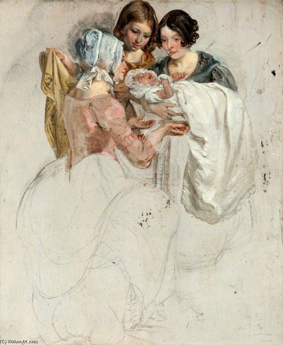 Wikioo.org - The Encyclopedia of Fine Arts - Painting, Artwork by George Harvey - A Girl And Two Women, Standing And Holding A Baby