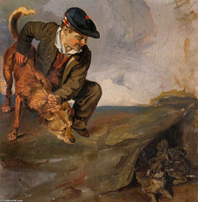 Wikioo.org - The Encyclopedia of Fine Arts - Painting, Artwork by George Harvey - Boy Restraining A Dog