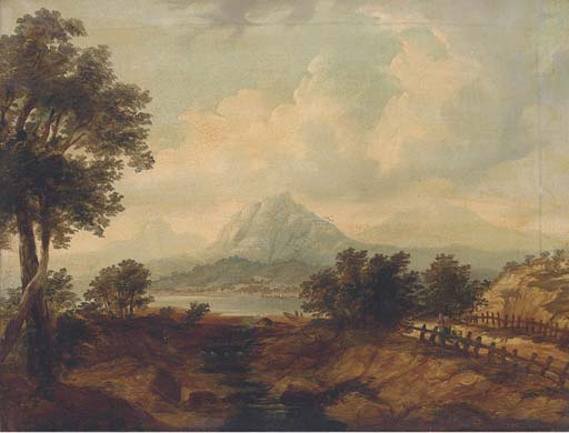 Wikioo.org - The Encyclopedia of Fine Arts - Painting, Artwork by Horatio Mcculloch - Figures On A Track, With An Estuary And Mountains Beyond