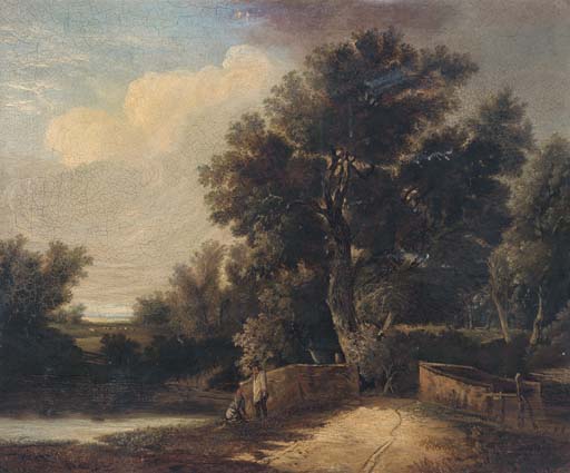 Wikioo.org - The Encyclopedia of Fine Arts - Painting, Artwork by John Berney Ladbrooke - Figures By A Bridge In A Wooded Landscape