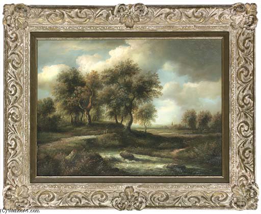 Wikioo.org - The Encyclopedia of Fine Arts - Painting, Artwork by John Berney Ladbrooke - Figures Crossing A Bridge Beside A River