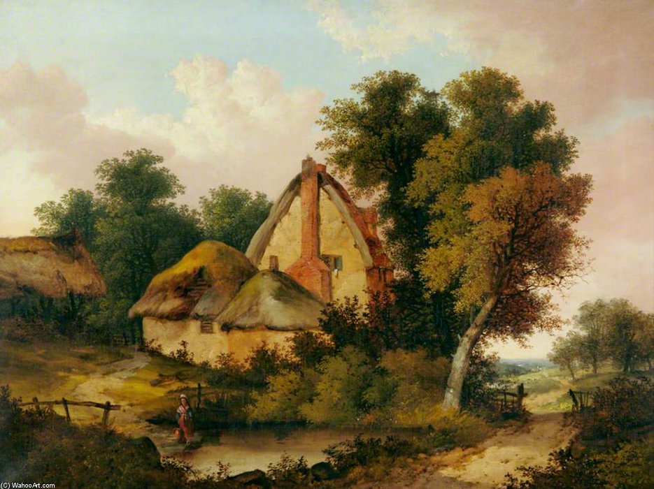 Wikioo.org - The Encyclopedia of Fine Arts - Painting, Artwork by John Berney Ladbrooke - Landscape With A Thatched Cottage And A Pond In Foreground