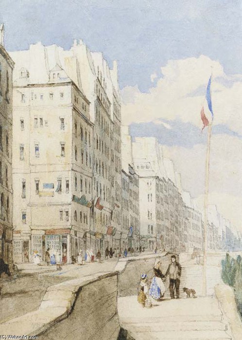 Wikioo.org - The Encyclopedia of Fine Arts - Painting, Artwork by John Scarlett Davis - Figures And A Dog On The Quayside, Paris, Near The Pont Neuf