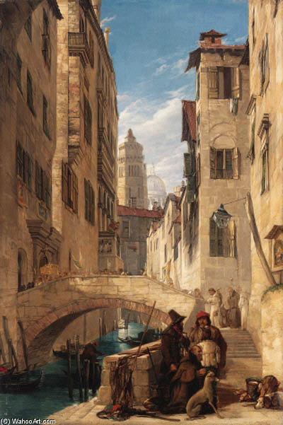 Wikioo.org - The Encyclopedia of Fine Arts - Painting, Artwork by John Scarlett Davis - View Of A Venetian Canal With A Religious Procession On A Bridge, And A Monk At The Foot Of The Steps