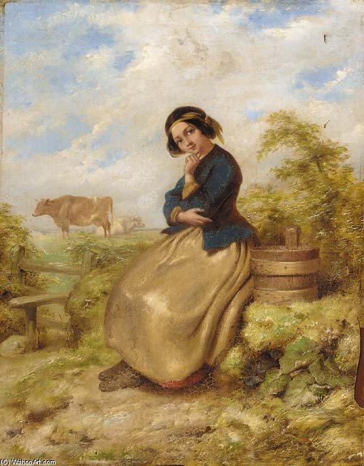 Wikioo.org - The Encyclopedia of Fine Arts - Painting, Artwork by Paul Falconer Poole - A Girl Seated By A Stile With Cattle Beyond