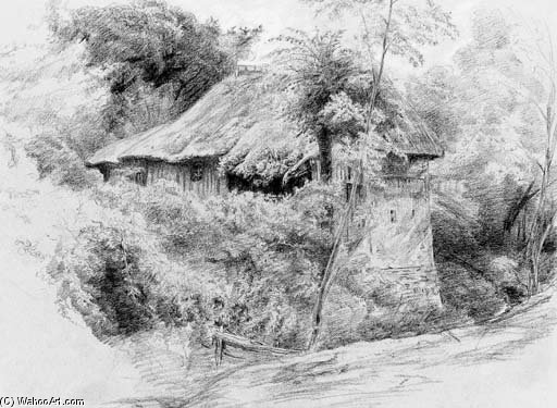 Wikioo.org - The Encyclopedia of Fine Arts - Painting, Artwork by Paul Huet - A Thatched Cottage In Picardy