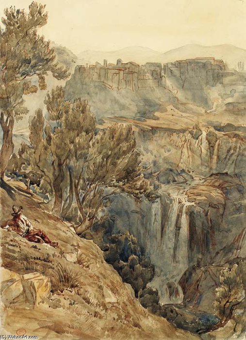 Wikioo.org - The Encyclopedia of Fine Arts - Painting, Artwork by Paul Huet - A View Of Tivoli With An Italian Peasant Resting Near A Cliff