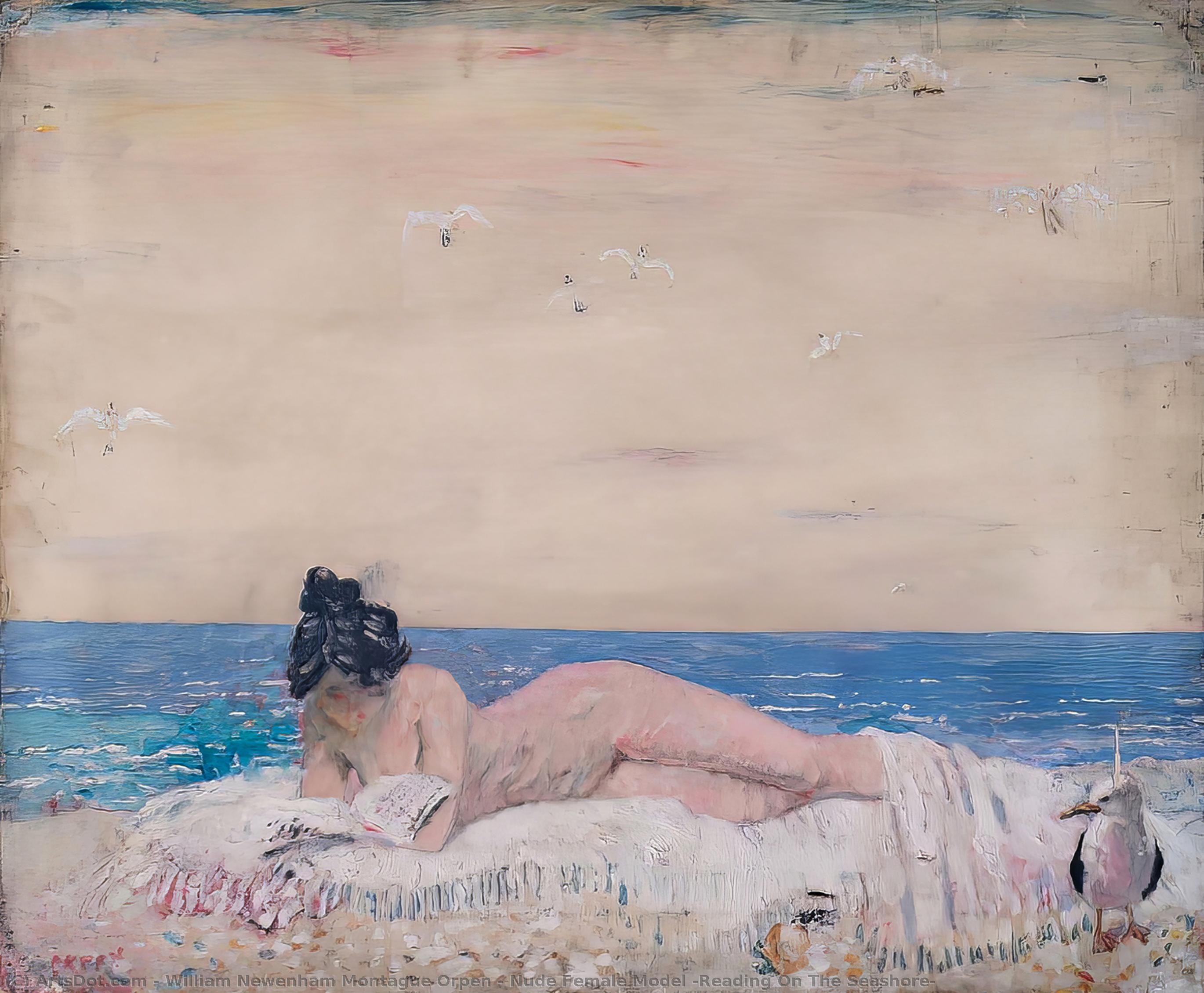 Wikioo.org - The Encyclopedia of Fine Arts - Painting, Artwork by William Newenham Montague Orpen - Nude Female Model (reading On The Seashore)