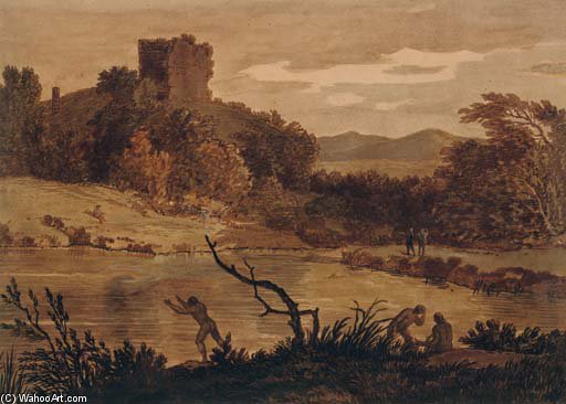 Wikioo.org - The Encyclopedia of Fine Arts - Painting, Artwork by Alexander Cozens - A Landscape With Men Bathing And A Ruined Tower Beyond