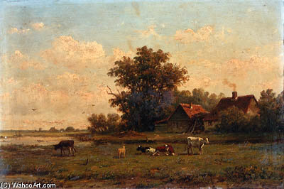 Wikioo.org - The Encyclopedia of Fine Arts - Painting, Artwork by Anthonie Jacobus Van Wijngaerdt - A Peasant Couple Resting In A Sunlit Meadow; Cattle Near A Farm