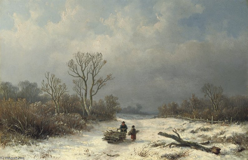 Wikioo.org - The Encyclopedia of Fine Arts - Painting, Artwork by Anthonie Jacobus Van Wijngaerdt - Faggot-gatherers On Snowy Path
