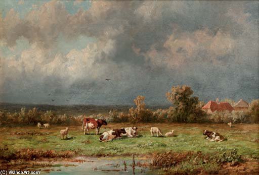 Wikioo.org - สารานุกรมวิจิตรศิลป์ - จิตรกรรม Anthonie Jacobus Van Wijngaerdt - Pasturing Cattle