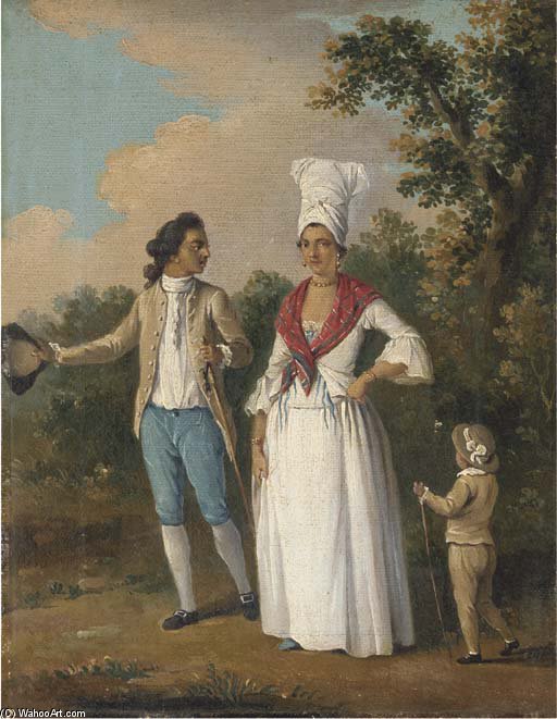 Wikioo.org - The Encyclopedia of Fine Arts - Painting, Artwork by Agostino Brunias - Mulattoes And A Child Promenading, Dominica