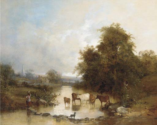 WikiOO.org - Εγκυκλοπαίδεια Καλών Τεχνών - Ζωγραφική, έργα τέχνης Edward Charles Williams - Cattle Watering At The Stepping Stones