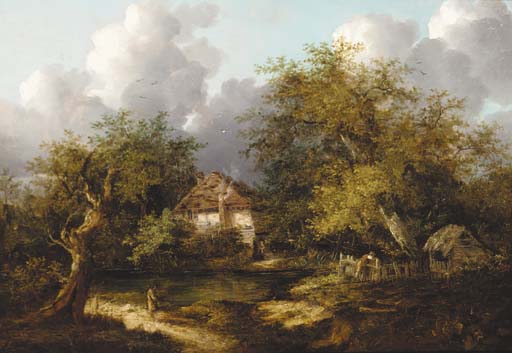Wikioo.org - The Encyclopedia of Fine Arts - Painting, Artwork by Edward Charles Williams - Figures On The Bank Of A River With A Cottage Beyond