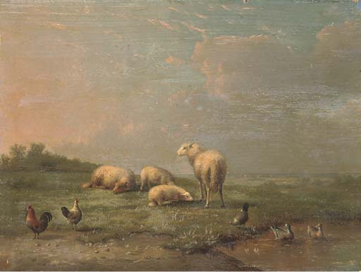 WikiOO.org – 美術百科全書 - 繪畫，作品 Franz Van Severdonck - 羊 和 鸡  通过 一个  池塘