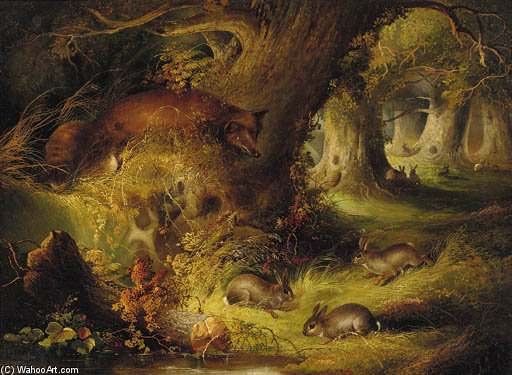 Wikioo.org - The Encyclopedia of Fine Arts - Painting, Artwork by George Armfield (Smith) - A Fox With Rabbits In A Wood